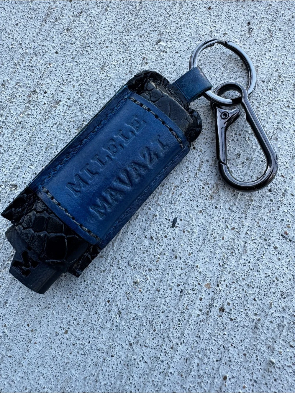 Blue Leather Keychain Key Fob with Metal Clip -